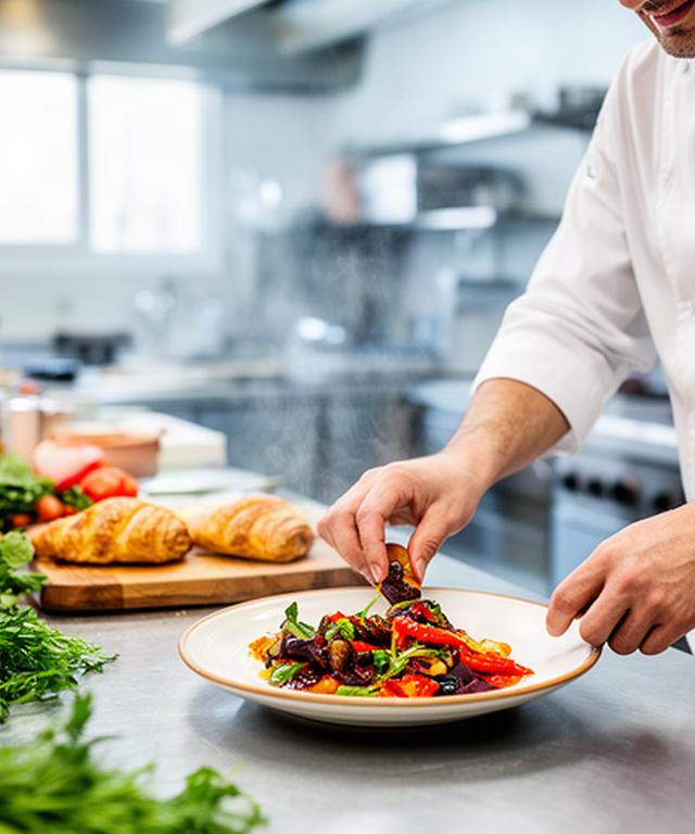 Chef che prepara piatti calabresi in una cucina professionale luminosa