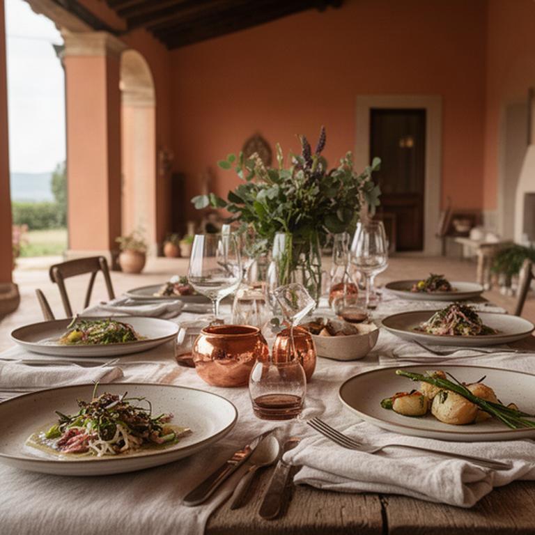 Tavola apparecchiata in una villa calabrese con piatti stagionali e dettagli color rame